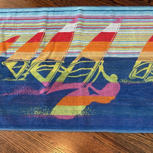 VTG Franco Beach Towel Colorful Windsurfers Waves Sailing 80s 90s - Picture 2 of 8